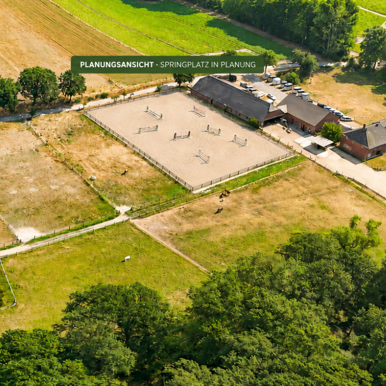 KI-gestützte Planungsansicht des künftigen Springplatzes auf dem Reiterhof Verhasselt